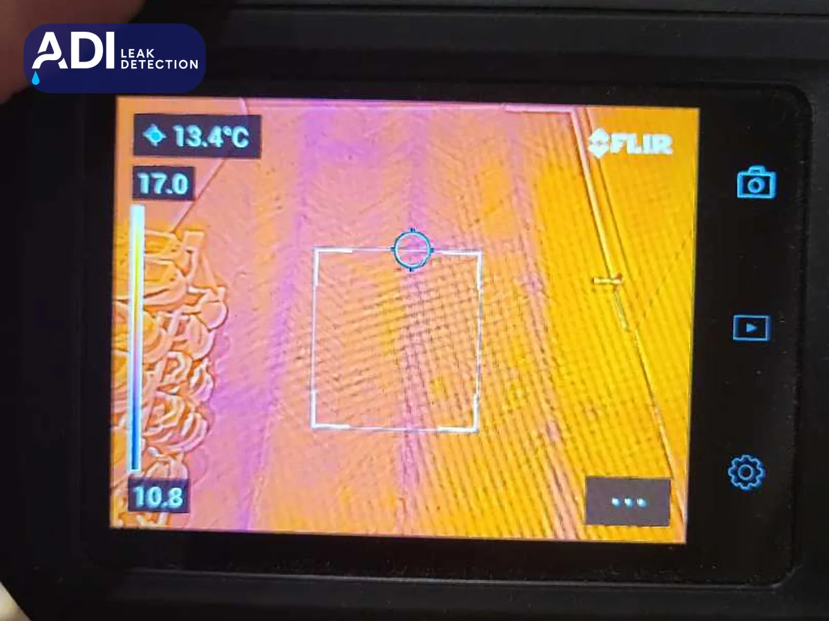 Thermal imaging camera screen showing a cold area on the floor of the L1 flat